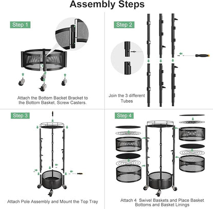 SNTD Fruit and Vegetable Basket Bowls for Kitchen with Metal Top Lid, 5 Tier Rotating Storage Rack Cart for Potato Onion Bread Banana, Wire Basket Organizer on Wheels, Large, Black