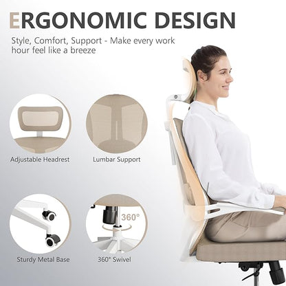 Desk Offiice Chair, Ergonomic Comfy Mesh Chair, Home High Back Gaming Executive Chair with Wheels, Compute Capacity 350LBS, Lumbar Support, Adjustable Headrest, Flip-up Armrest