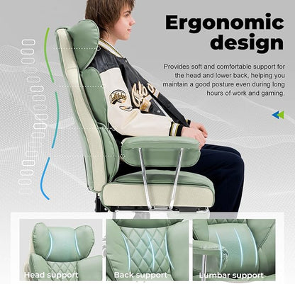 COMHOMA Big and Tall Office Chair, High Back Leather Gaming Chair with Footrest, Executive Ergonomic Office Chairs with Pocket Spring Lumbar Support and with Outward Fixed Soft Armrests