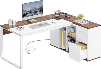 YITAHOME Executive Desk with Power Outlets, 71" L Shaped Desk with File Cabinet, Executive Desk with Drawers & Storage Shelves, Corner Office Desk with Bookshelf for Home Office, Walnut & White