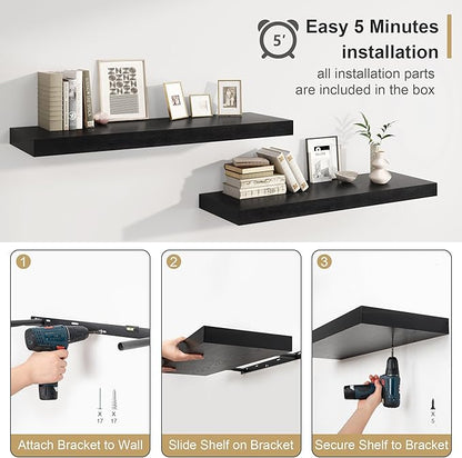 12" Deep Black Floating Shelves,Over Toilet Long Wall Mounted Modern Farmhouse 36 inches,Wall Shelves with Invisible Brackets for Bedroom, Bathroom, Living Room, Kitchen, Set of 1