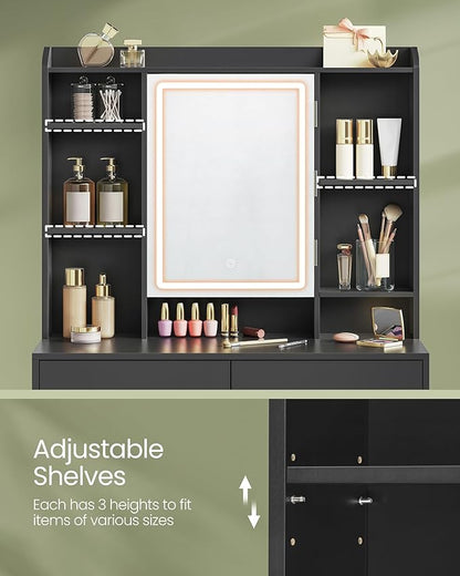 VASAGLE Vanity Desk with Mirror and Lights, Makeup Vanity with Upholstered Vanity Stool, Dimmable LED Lights, Adjustable Shelves, 7 Compartments, 2 Drawers, for Bedroom, Ink Black URDT131B01