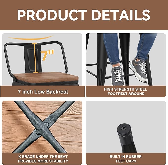 Yongchuang 26" Metal Barstools Set of 2 Counter Bar Stools with Wood Top Low Back Matte Black