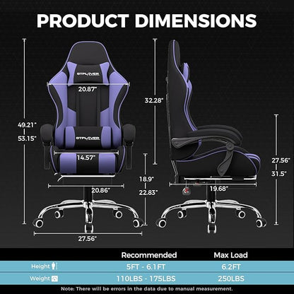 GTPLAYER Gaming Chair, Computer Chair with Footrest and Lumbar Support, Height Adjustable Game Chair with 360°-Swivel Seat and Headrest and for Office or Gaming (Purple, Fabric)