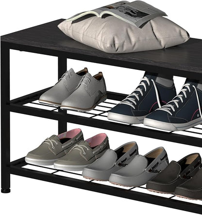 EXOTICA 3 Tier Entryway Bench Shoe Storage Bench with 4 Fabric Drawers Metal Frame and Wooden Board Shoe Rack Bench with Seat for Entryway Hallway Front Door Doorway