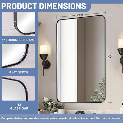 Black Mirrors for Bathroom, 24"x40" Rounded Corner Rectangle Mirror, Modern Metal Frame Bathroom Vanity Mirror for Home Decor Living Room Entryway (Horizontal/Vertical)