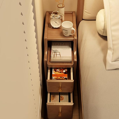 Small Nightstand with Drawers, Solid Wood Bedside Table, Narrow Walnut Nightstand for Bedroom