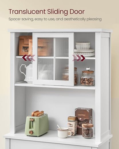 VASAGLE 71" Kitchen Pantry Cabinet with Lights and Charging Station, Coffee Bar Cabinet with Doors and Drawer, Farmhouse Style, Adjustable Shelves, Cloud White UBBK363W11