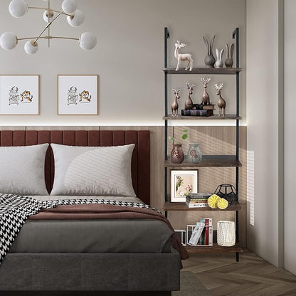 5 Tiers Ladder Shelf Brown Modern Bookshelf Open Tall Wall Mount Bookcase Standing Leaning Wall Shelves Industrial Decorative Living Room Bed Room