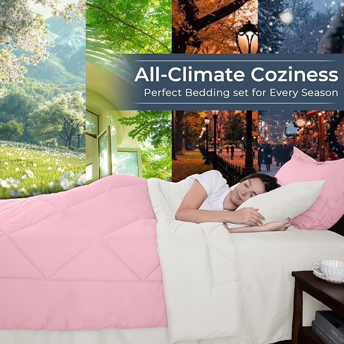 HEVUMYI King Comforter Set - 7-Piece All Season Bed in a Bag King, Ultra Soft Bedding Set with Comforter, Flat Sheet, Fitted Sheet, Pillowcases, Pillow Shams, Pink & Ivory