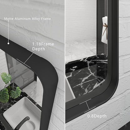 30x36 Black Matte Bathroom Mirror, Rectangle Framed Vanity Mirror for Wall, Rounded Corner, Anti-Rust, Shatterproof (Horizontally/Vertically)