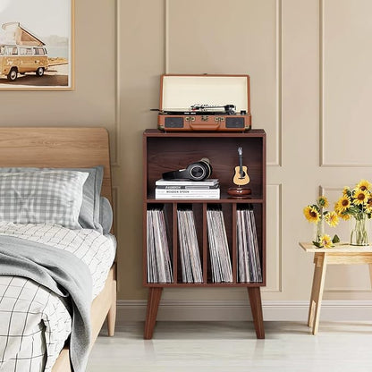 Lerliuo Record Player Stand, Walnut Turntable Stand Holds up to 160 Albums, Mid-Century Vinyl Storage Cabinet Table with Solid Wood Legs, Record Player Holder Dispaly Shelf for Bedroom Living Room