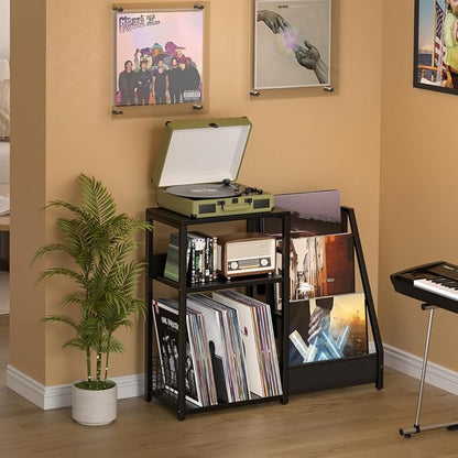 LELELINKY Black End Table,Record Player Stand with Vinyl Storage,3 Tier Side Table with Display Shelf Storage Up to 150 Albums,Industrial Large Record Holder Cabinet for Living Room