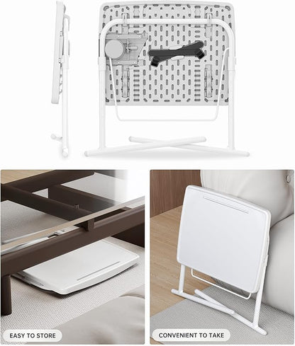 Allpop X TV Tray Table, TV Dinner Tray for Eating, Large Adjustable Folding Laptop Table with Book Stand, Cup Holder & Tablet Slot on Couch & Bed with 6 Heights & 3 Tilt Angles, White