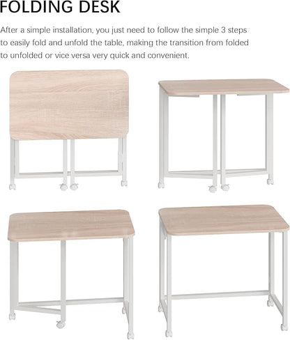 JSB Small Folding Computer Desk with Storage Bag and Hook Writing Modern Industrial Work Table Laptop for Home Office White (Natural & White, 31.5")