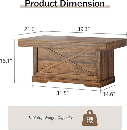 Coffee Table 39 in Rustic Center Table with X-Design Wooden Pedestal for Living Room, Space Saving, Easy Assembly Rectangle Home Office Tea Accent Table for Dining Room Apartment, Walnut