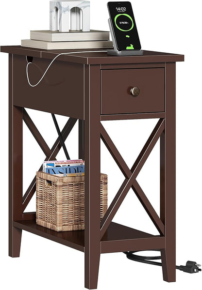 ChooChoo End Table with Charging Station, Narrow Side Table with USB Ports and Outlets, Nightstand with Drawer, for Small Spaces, Bedside Tables for Living Room Espresso
