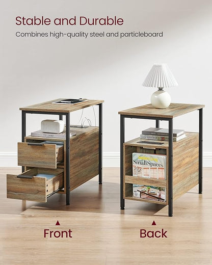 VASAGLE Side Table with Charging Station, Narrow End Table with 2 Drawers, Slim Nightstand and Bedside Table with Storage, for Small Spaces, Oak with Blue Grains and Black ULET321B60