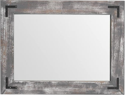 YOSHOOT Rustic Wooden Framed Wall Mirror, Natural Wood Bathroom Vanity Mirror for Farmhouse Decor, Vertical or Horizontal Hanging