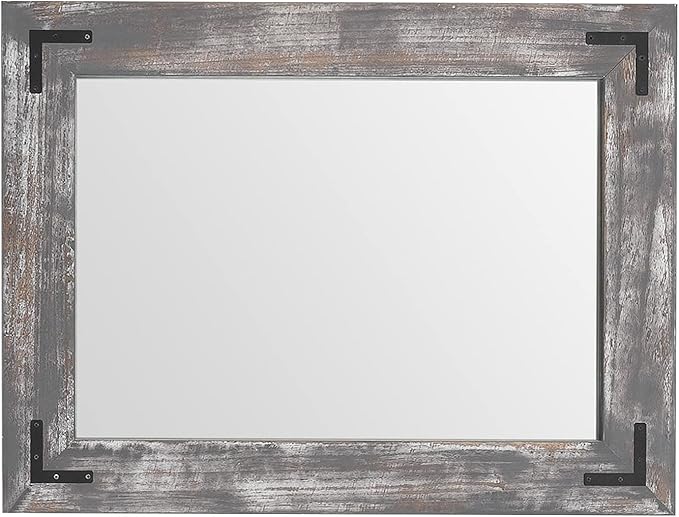 YOSHOOT Rustic Wooden Framed Wall Mirror, 40"x30", Natural Wood Bathroom Vanity Mirror for Farmhouse Decor, Vertical or Horizontal Hanging