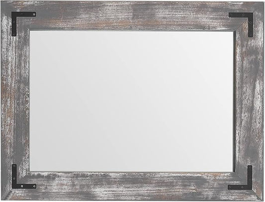 YOSHOOT Rustic Wooden Framed Wall Mirror, 40"x30", Natural Wood Bathroom Vanity Mirror for Farmhouse Decor, Vertical or Horizontal Hanging