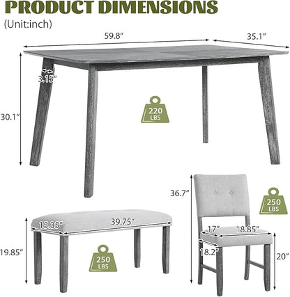 Merax 6 Piece Solid Wood Dining Table Set for 6, Rustic Farmhouse Rectangular with 4 Upholstered Wooden Chairs and 1 Bench, Kitchen Room, Gray