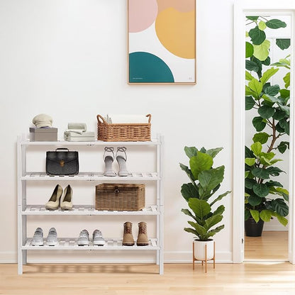 Haddockway 4 Tier Bamboo Shoe Rack Storage Organizer, Multifunctional Free Standing Stackable Shoe Shelf with Grid Panel for Closet,Hallway,Entryway,Small Space 27"x11"x26" (White, 4 Tier)