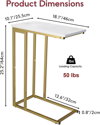 Yusong C Shaped End Table, Couch Side Table That Slide Under Sofa Bed, Small Table for Small Spaces, Skinny Overbed Table for Coffee Drink Snack, Living Room, Gold and White Marbled Wooden Top