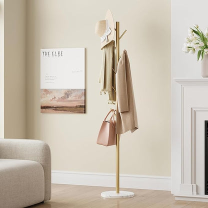 ELYKEN Coat Rack Freestanding with Natural Marble Base, Metal Coat Rack Stand with 10 Hooks, 3 Adjustable Size Coat Tree for Bags, Clothes, and Hats for Entryway, Bedroom, Hallway, Office, Gold