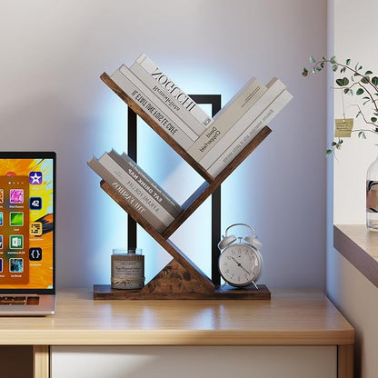 Tree Bookshelf with LED Lights, 3 Tier Floor Standing Bookcase, Classical Corner Shelf Kids Bookshelf, Tall Wood Book Storage for Bedroom, Living Room, Home Office, Brown
