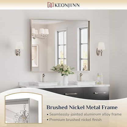 Keonjinn 48 x 40 in Brushed Nickel Bathroom Mirror, Rectangular Wall Metal Framed Vanity Mirror Square Corner Aluminum Alloy Modern Rectangle Wall-Mounted Mirror(Horizontal/Vertical)