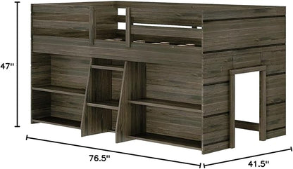 Max & Lily Modern Farmhouse Low Loft Bed, Twin Bed Frame for Kids with 2 Bookcases, Barnwood Brown