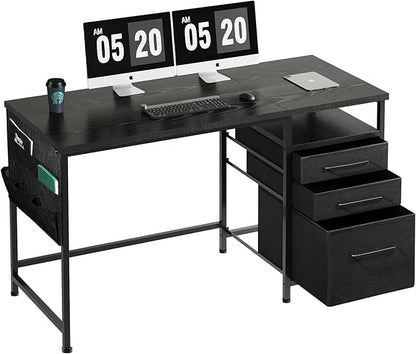 Ｍａｉｈａｉｌ Maihail Small Desk with Drawers, 47 inch Computer Desk with Shelves, Writing Desk with Storage, Small Office Desk with Metal Frame, Black