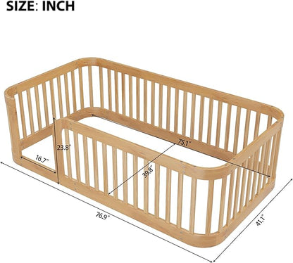 Bellemave Twin Floor Bed with High Fence and Rounded Corner Design, Wood Montessori Floor Bed with Guardrail and Entrance, Easy Assemble Montessori Bed Twin Size, Natural