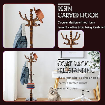 73 in Wood Coat Rack, Coat Rack Freestanding with Stable Round Base, Adjustable Height Tree Coat Racks Stand for Home Bedroom Office Hallway Entryway (Antique color)
