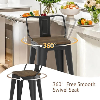 24 Inch Swivel Bar Stools Set of 4, Counter Height Bar Stools with Low Back, Metal Industrial Bar Chairs for Kitchen Island (Matte Black)
