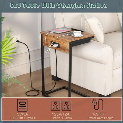 C Shaped End Table with Charging Station,45° Tiltable Adjustable Flip Top Side Table Set of 2,Small C Table Set 2 for Small Spaces,Slide Under Couch Sofa Bedside Table Living Room,Rustic Brown