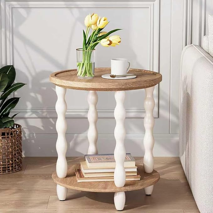 Round End Table, 2-Tier Farmhouse End Table, 18.5'' Handcrafted Weathered Look Wooden Nightstand Accent Table, Pine Leg, Small Side Tables for Living Room, Small Space, Bedroom, Boho, Easy Assembly