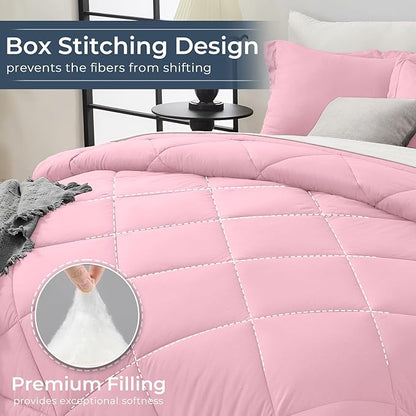 HEVUMYI King Comforter Set - 7-Piece All Season Bed in a Bag King, Ultra Soft Bedding Set with Comforter, Flat Sheet, Fitted Sheet, Pillowcases, Pillow Shams, Pink & Ivory