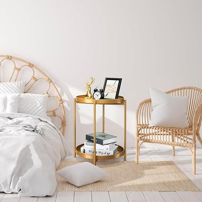 danpinera 2-Tier End Table, Outdoor Side Table Metal Round Side Table with Removable Tray, Small Folding Accent Table, Anti-Rust Nightstand for Bedroom Balcony Patio Living Room (Gold)