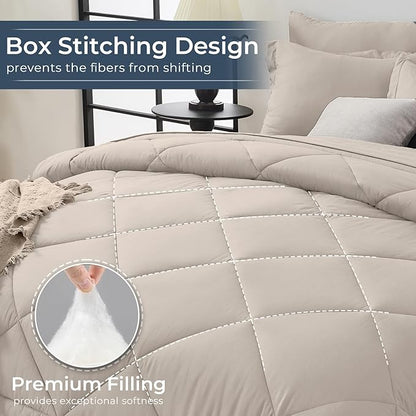 HEVUMYI Beige Tan Full Comforter Set - 7-Piece All Season Bed in a Bag Full, Ultra Soft Bedding Set with Comforter, Flat Sheet, Fitted Sheet, Pillowcases, Pillow Shams, Beige Tan