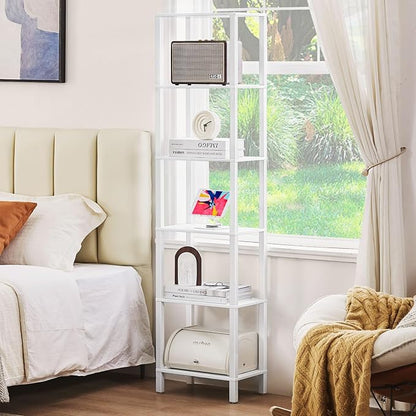 66in Tall Bookshelf 6-Tier Small Narrow Bookcase, Skinny Book Shelf for Small Space, Farmhouse Slim Shelf with Storage, Wood Freestanding Display Thin Bookshelves for Living Room, Office, White