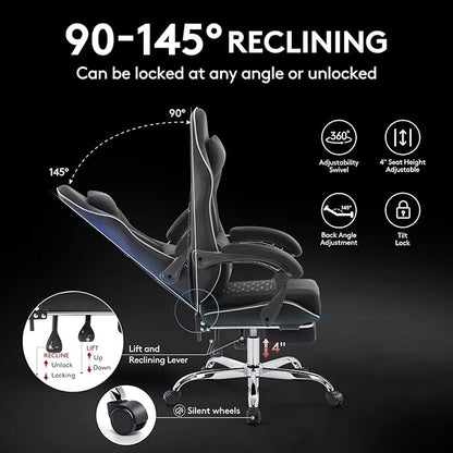 Gaming Chair Breathable Fabric,Computer Office Chair with Footrest,Massage Lumbar Support and Gel Pad,Ergonomic Reclining Adjustable Gamer Chair with Headrest and Spring Cushion Black