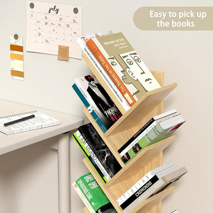 10 Tier Tree Book Shelf, Floor Standing Wood Bookshelf for Narrow Space, Storage Organizer Bookshelves for Books/CDs/Magazine, Bookcase with Shelves for Home Office, Living Room - Natural