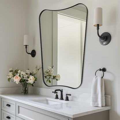 24x40 Black Mirror, Irregular Shaped Mirror with Curved Edge Design, Asymmetrical Bathroom Mirror, Wall Mounted Decorative Mirror for Powder Room, Foyer, Master Room, Hangs Vertical Only