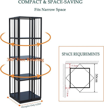 Square Rotating Bookshelf Tower - 360 Spinning Display Corner Bookcase for Narrow Space, Modern 4-Tier Revolving Storage Shelf, Black