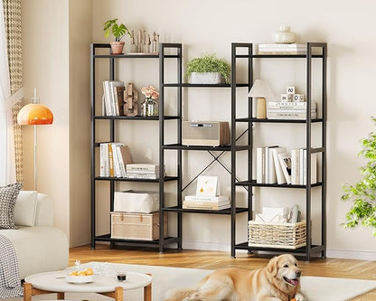 Casaottima Triple 4 Tier Bookshelf, Large Bookcase with 11 Open Display Shelves, Modern Industrial Book Shelves Book Case for Bedroom, Wide Standing Shelving Unit for Living Room Home Office, Black