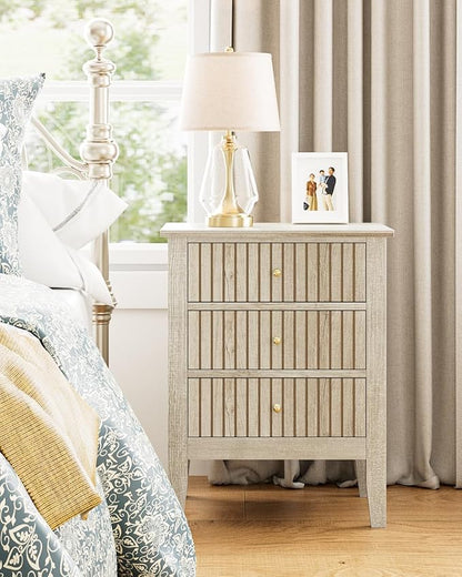 Night Stand, Fluted Nightstand Bedside Tall Farmhouse Nightstand with 3 Drawers, Mid Century Modern Side Accent Table,Bedside End Table for Bedroom, Living Room, Beige