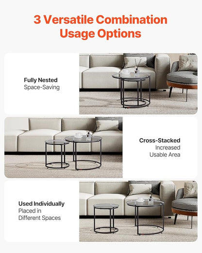 VEVOR Nesting Tables, Glass Coffee Table Set of 2, 23.6 inch Round Coffee Table, Small Coffee Tables Night Stand with Metal Frame, for Living Room, Bedroom, Office