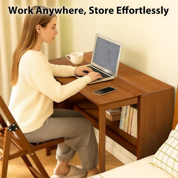 31.5" Bamboo Folding Desk,Space-Saving Computer Desk for Small Spaces, Foldable Study Table for Bedroom, Home Office, Dorm, Apartment（Brown